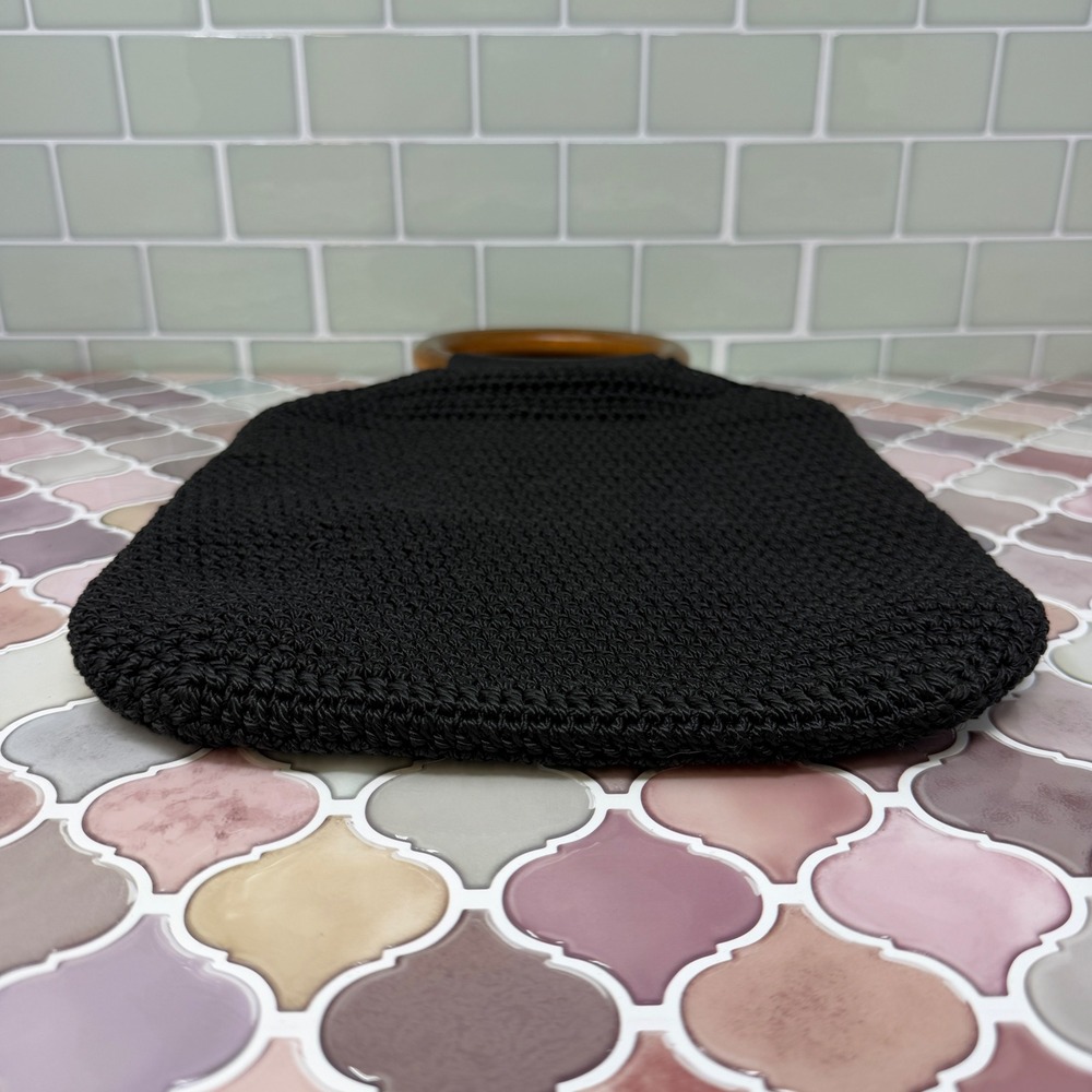 VTG Black Crochet Handbag with Round Wooden Handles - Picture 7 of 15